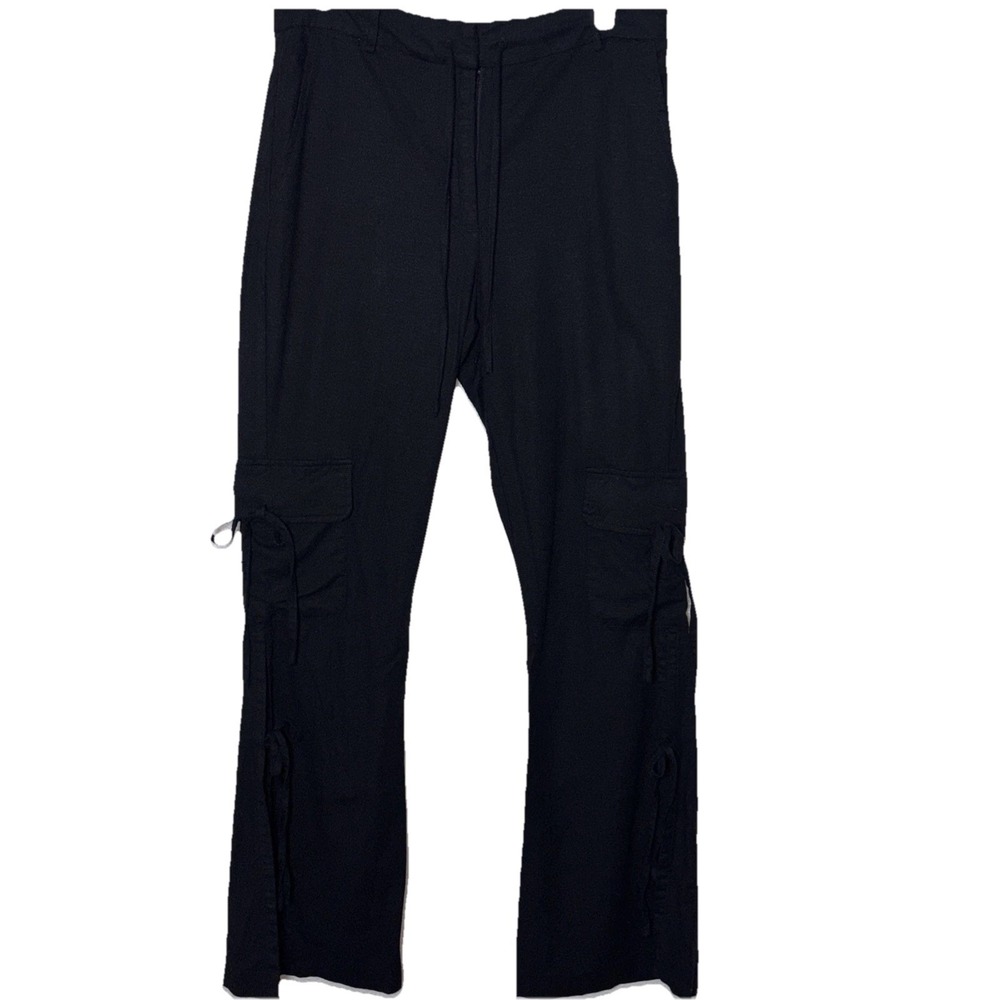 Forever 21 Black Cargo Pants String Detail W/Open Slit Flared Bottom Size Med